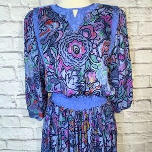 Vintage 💜 100% Silk Smocked Waist Maxi Dress. Jewel Tones. Super Soft. Size L.